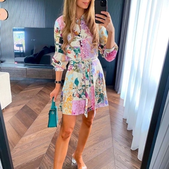 Bloggers favorite Zara tropical parrot dress women’s size Small  belted buttons - Picture 11 of 16